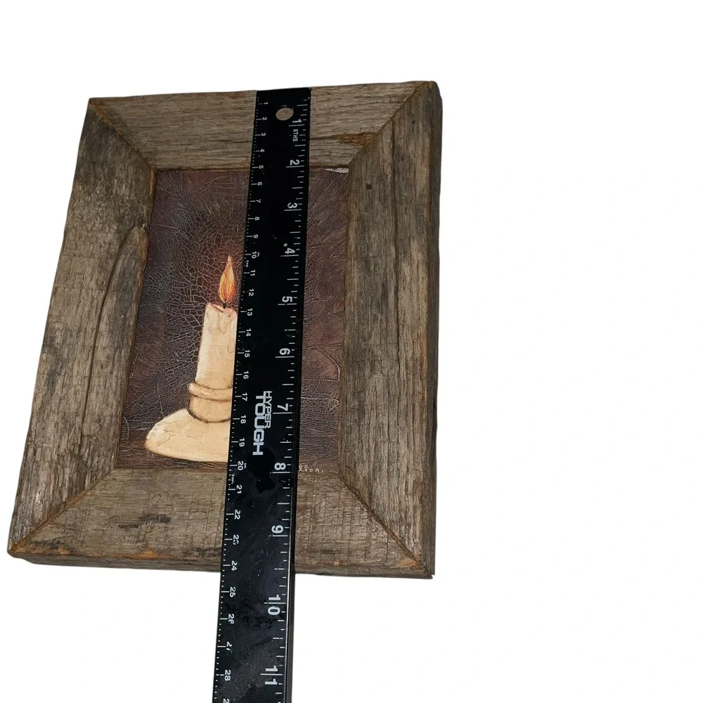 Vintage Rustic Barnwood Framed Art Set Wagon‎ & Candle Primitive Decor 9.5x8